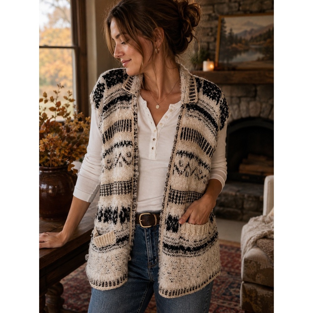 Pilcro Wool Blend Fair Isle Cardigan Vest‎ Cabin Core Boho Layering Piece Size M
